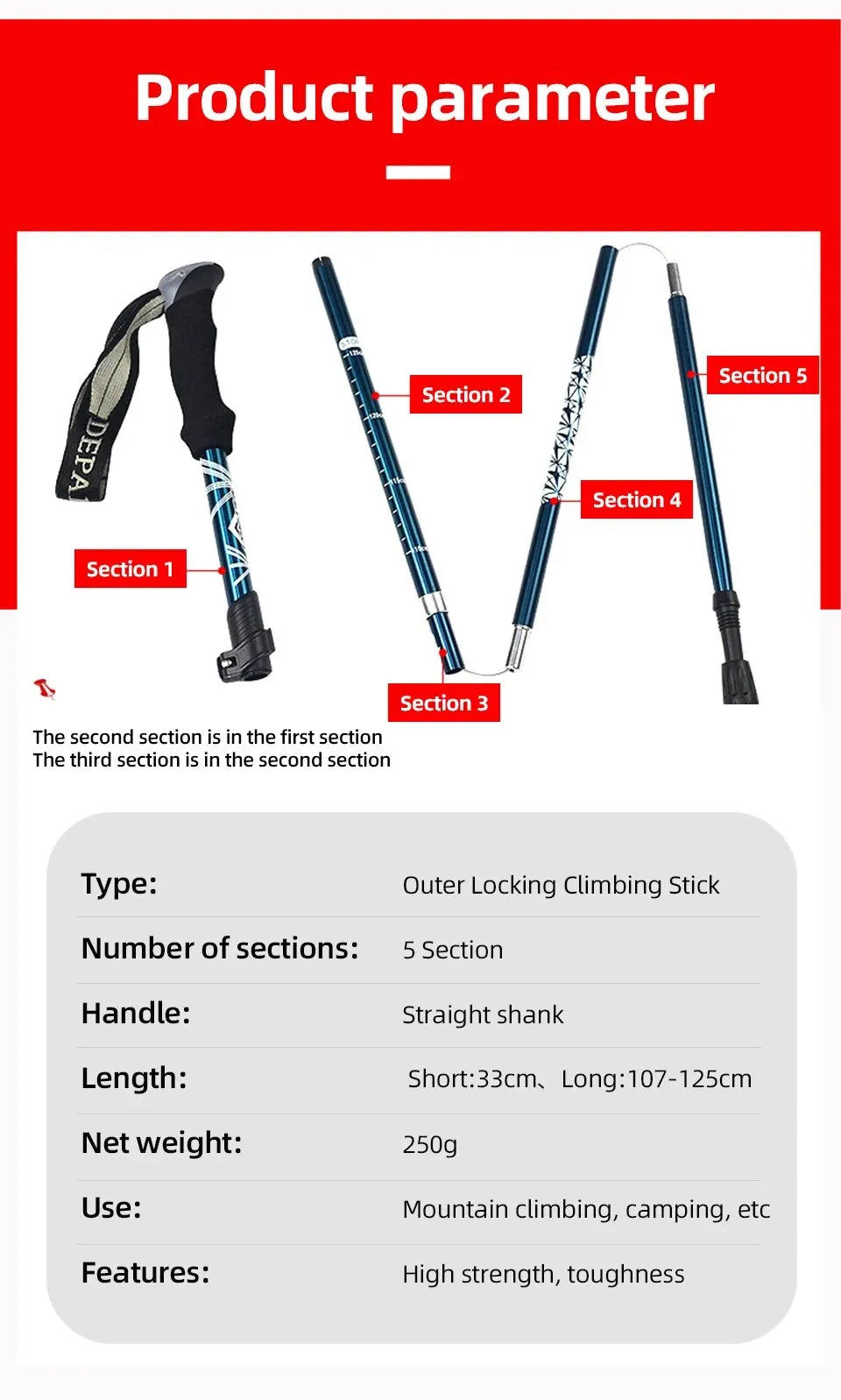 Compact 5-Section Telescopic Trekking Pole - HAX Essentials - hiking - parameters